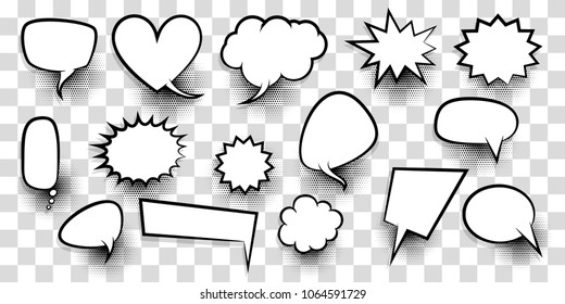 Announces Sketch Idea Conversation Sketch Explosion. Comic Text Speech Bubble Halftone Dot Transparent Background. Big Set Blank Template Pop Art Style. Comics Book Dialog Empty Cloud, Cartoon Box.