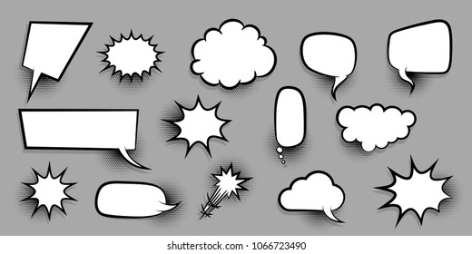 Announces sketch idea conversation sketch explosion. Comic text speech bubble halftone dot background. Big set picture blank template pop art style. Comics book dialog empty cloud, space cartoon box.