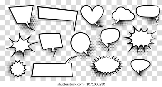 Announces Sketch Idea Conversation Sketch Explosion. Comic Text Speech Bubble Halftone Dot Transparent Background. Big Set Blank Template Pop Art Style. Comics Book Dialog Empty Cloud, Cartoon Box.