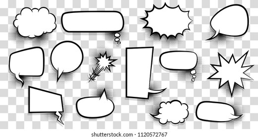 Announces sketch idea conversation sketch explosion. Comic text speech bubble halftone dot transparent background. Big set blank template pop art style. Comics book dialog empty cloud, cartoon box.