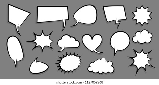 Announces sketch idea conversation sketch explosion. Comic text speech bubble dot background. Big set picture blank template pop art style. Comics book dialog empty cloud, space cartoon box.