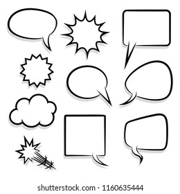 Announces sketch idea conversation sketch explosion. Comic text speech bubble halftone dot background. Big set picture blank template pop art style. Comics book dialog empty cloud, space cartoon box.