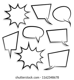 Announces sketch idea conversation sketch explosion. Comic text speech bubble halftone dot background. Big set picture blank template pop art style. Comics book dialog empty cloud, space cartoon box.