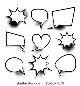 Announces sketch idea conversation sketch explosion. Comic text speech bubble halftone dot background. Big set picture blank template pop art style. Comics book dialog empty cloud, space cartoon box.