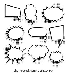 Announces sketch idea conversation sketch explosion. Comic text speech bubble halftone dot background. Big set picture blank template pop art style. Comics book dialog empty cloud, space cartoon box.