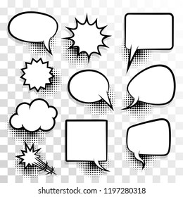 Announces Sketch Idea Conversation Sketch Explosion. Comic Text Speech Bubble Halftone Dot Transparent Background. Set Blank Template Pop Art Style. Dialog Empty Cloud, Cartoon Box.