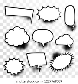 Announces sketch idea conversation sketch explosion. Comic text speech bubble halftone dot transparent background. Set blank template pop art style. Dialog empty cloud, cartoon box.