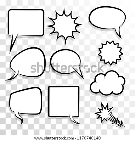 Announces sketch idea conversation sketch explosion. Comic text speech bubble dot transparent background. Set blank template pop art style. Dialog empty cloud, cartoon box.