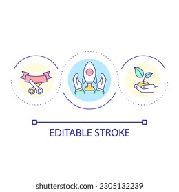 Announcing business startup loop concept icon. Launching new project abstract idea thin line illustration. First time entrepreneur. Isolated outline drawing. Editable stroke. Arial font used