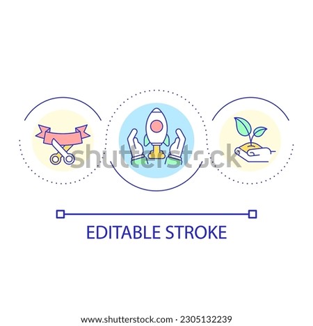 Announcing business startup loop concept icon. Launching new project abstract idea thin line illustration. First time entrepreneur. Isolated outline drawing. Editable stroke. Arial font used