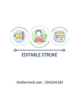 Announcing giveaway winner on webpage loop concept icon. Participating in giveaway abstract idea thin line illustration. Online contest. Isolated outline drawing. Editable stroke. Arial font used