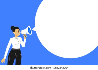 Announcing the message concept. Young woman or a businesswoman standing and communicates through a megaphone. Speaking to people. Promotion. Vector illustration
