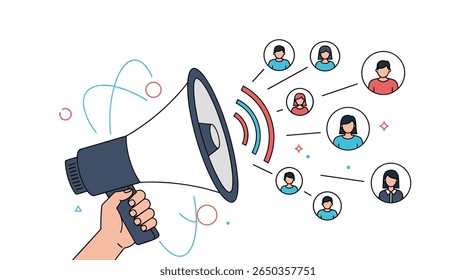 Anunciando notícias para pessoas conectadas através de um megafone com ondas e linhas