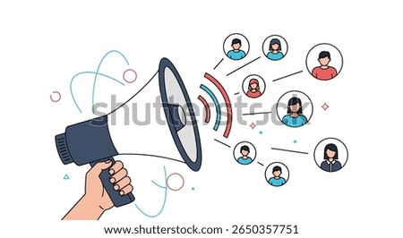 Announcing news to connected people through a megaphone with waves and lines