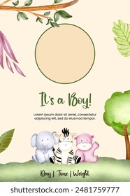 Announcing our baby boy with a charming jungle-themed card, featuring a lush background of trees and three adorable animals, a playful elephant, a cute zebra and a cheerful hippo sitting in the center