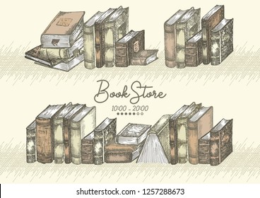 Announcing poster with hand drawing sketch books. Concept vintage design for fair or festival flyer, banner, school library retro poster, bookshop advertising in engraving style Vector illustration