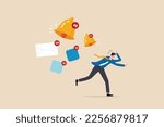 Annoy notifications disturbing pop up or online message sound, marketing or advertising push notifications concept, businessman running away from apps, email and ringing bell notifications.