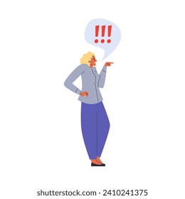 Annoyed angry woman point finger to something, vector illustration isolated on white background. Dissatisfied female character, lady show hand gesture with the index fingers. Flat cartoon