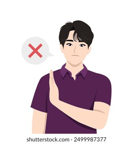 Annoyed asian man says no makes stop gesture. Flat vector illustration isolated on white background