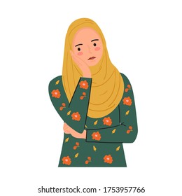 annoyed, bored young woman, facepalm expression. Sad young female wear hijab in trendy hand drawn vector style.