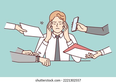 Annoyed businessman stressed with multiple hands giving papers and phones. Bothered male employee distressed with workload. Overwork. Vector illustration. 