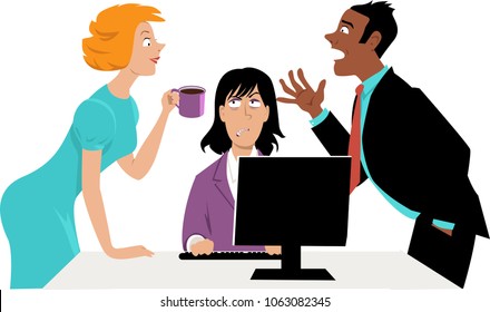 Annoyed businesswoman trying to concentrate on work while her two co-workers talking over her head, EPS 8 vector illustration