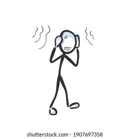 Annoyed By Loud Sound Noise. Cover Ears. Vector Simple Headache. Stickman No Face Clipart Cartoon. Hand Drawn. Doodle Sketch, Graphic Illustration