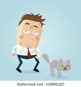 annoyed cartoon man scratched by furious cat