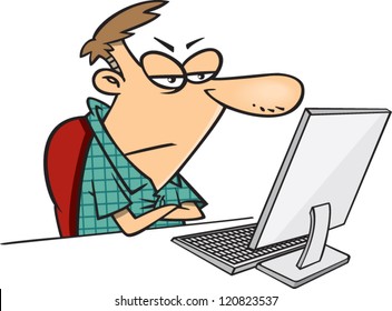 annoyed cartoon man sitting at his computer pouting