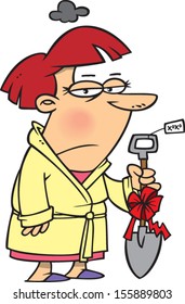 Annoyed cartoon woman holding a shovel she got for a gift