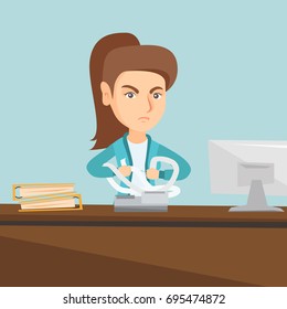 Annoyed caucasian accountant sitting in office and tearing furiously bills or invoices. Young angry accountant calculating bills. Vector cartoon illustration. Square layout.