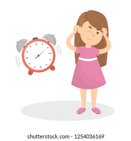 Annoyed child cover ear from a noise. Loud alarm clock and angry kid. Isolated vector flat illustration