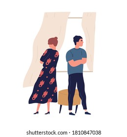 Annoyed couple standing back to back with crossed arms. Scene of family breakup or conflict. Offended husband and wife with difficulties in relation. Flat vector cartoon illustration isolated on white