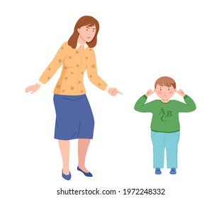 Annoyed Dad Scolding Her Son Closing His Ears Vector Illustration