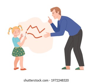 Annoyed Dad Scolding His Daughter For Drawing On The Wall Vector Illustration