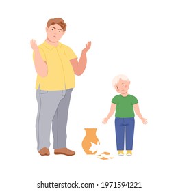 Annoyed Dad Scolding His Son For Broken Vase Vector Illustration