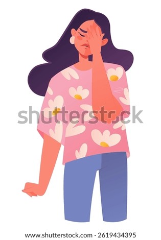 Annoyed and disappointed young woman. Dissatisfied face partially covered by hand in facepalm gesture, other hand clenched into fist in helplessness before overwhelmed emotions. Vector illustration