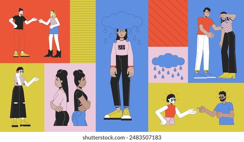 Annoyed displeased people bento grid illustration set. Quarrel conflict 2D vector image collage design graphics collection. Irritated grumpy. Crying depressed adults flat characters moodboard layout