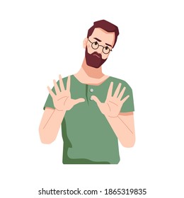 Annoyed or dissatisfied man gesturing expressing denial or warning. Prohibition from bearded male. Move away or stop sign, person showing palms. Isolated cartoon character, vector in flat style