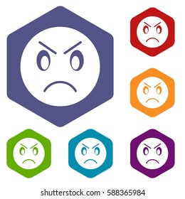 Annoyed emoticon icons set rhombus in different colors isolated on white background