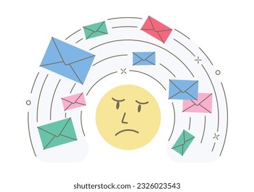 Annoyed emoticon receiving annoying email spam floating around its head. Vector illustration