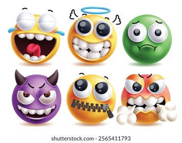 Annoyed face emoji vector characters set. Emojis angel and devil character with clip art icon elements in goofy, sick, dumb, kind and angry facial expression. Vector illustration annoyed face emoji 