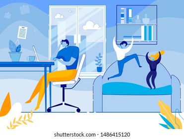 Annoyed Father Trying to Concentrate on Work with Laptop, Naughty Hyperactive Children Fooling Around Jumping on Sofa, Making Mess in Living Room, Parent Discipline, Cartoon Flat Vector Illustration