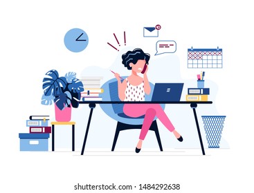 Annoyed female office worker. Exhausted businesswoman uses laptop, speaks on the phone sitting at the table. Burnout syndrome. Stress and depression at work. Vector illustration. Office work concept. 