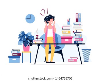 Annoyed female office worker. Exhausted businesswoman terrified of the huge amount of work.  Burnout syndrome. Stress, problems and depression at work. Vector illustration. Office work concept. 