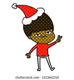 annoyed hand drawn comic book style illustration of a boy wearing santa hat