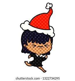 annoyed hand drawn comic book style illustration of a girl wearing santa hat