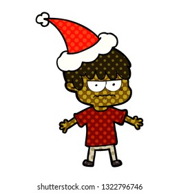 annoyed hand drawn comic book style illustration of a boy wearing santa hat