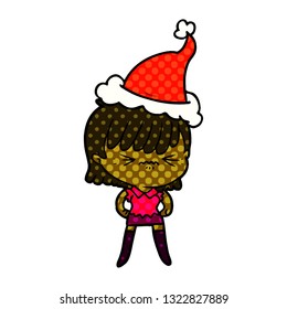 annoyed hand drawn comic book style illustration of a girl wearing santa hat