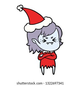 annoyed hand drawn line drawing of a vampire girl wearing santa hat